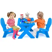 Costway Play Table & Chair Set Plastic Picnic Table w/2 Stackable Adirondack Chairs Blue