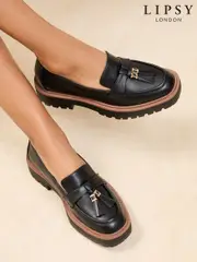 Lipsy Black Wide Fit Chunky Snaffle Trim Detail Faux Leather Loafers (F82468) | $104