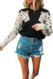 [OLUOLIN] Womens Tiger Leopard Printed Sweaters Casual Long Sleeves Knitted Pullover Cropped Sweater Tops