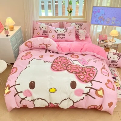 Leopard Pink Heart Large Hello Kitty Quilt Cover Sheet Bed Set 100% Cotton S Q