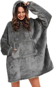 Pullover Sweatshirt Hooded Robe Blanket Hoodie Blanket Sweatshirt Flannel Hoodies-Gray