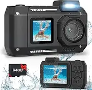33FT Underwater Camera with 64G Card, 4K 48MP Waterproof Camera Rugged Dustproof Shockproof for Snorkeling, Autofocus Selfie Digital Camera for Diving, Dual-Screen Underwater Photograph Camera (Black)
