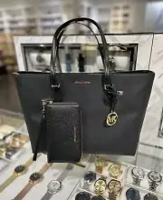 Michael Kors Sheila Large Women Black Tote Handbag w/ Flat Phone Case Wallet Set