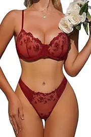 [Generic] Women's Lace Lingerie Set Sheer Underwire Floral See Through Bra and Panty 2 Piece