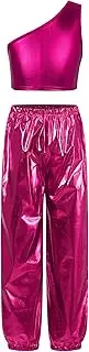 [Riismen] Girls Jazz Hip Hop Dance Outfits Performance Costume Metallic One Shoulder Crop Top with Pants Set