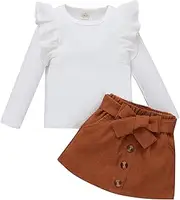[Generic] New Born Stuff Toddler Kids Baby Girls Ruffled Crewneck Long Sleeve Ribbed Sweatshirt Tops Solid Skirt Set 2PCS Fall Clothes Set Tennis Clothes for Girls for Winter White
