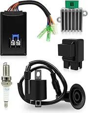 5PCS CDI Box Ignition Coil Kit Fit for Polaris Sportsman 90 Scrambler 90 50 Predator 90 50 2001-2007 with Voltage Regulator Rectifier Starter Relay Solenoid and Spark Plug