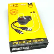 EFM 17w Dual Car Charger w/ Type C to Lightning Cable MFi-Certified Black