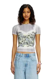 [Diesel] Diesel - Stretch T-shirt with trompe l'oeil cami - T-Shirts - Woman - Grey XS Grey
