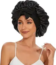 Black Large Satin Silk Bonnet for Sleeping Jumbo Sleep Cap, Double Layer Hair Bonnet with Tie Band,Wide Elastic Satin Shower Cap for Women
