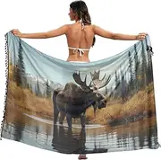 [XYMZR] Women's Sarong Swimsuit Coverups Moose Closeup Water Chiffon Bikini Wraps Skirt with Tassels L