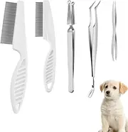 6 pcs Tick Removal Tool kit for Pets, 3 Stainless Steel Tick Tweezers with Storage Pouch and 2 Comb Grooming Tools for Cats & Dogs Safe Tick Control Puller for Complete Removal of Ticks Fleas, Lice