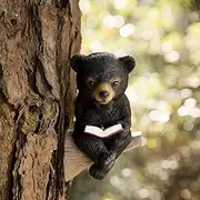 KUNIJIWA Bear Statue,Solar Bear Statues for Outdoor Decor-Cute Sitting Bear Tree Hugger with LED Solar Light, Resin Bear Reading Book Garden Statues for Yard, Garden, Lawn, Patio