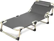 Folding Camping Cot for Adults w/Headrest Single Person Adjustable Reclining Lounger Breathable Garden Sun Lounger for Camping Office Lunch Break Max Load 300kg