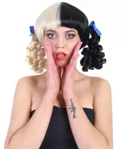 Blonde Half Black Curly Ponytail Wig w/ Blue Ribbons for Cosplay Melanie HW-1098