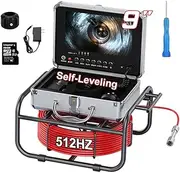 Sewer Camera, 9'' IPS Monitor, 1080P IP68 Waterproof, 512Hz Transmitter, Self-Leveling, 16GB Card (512HZ Sonde/100FT)