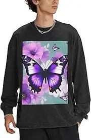 [GaxfjRu] Men's Basic Lightweight Soft Crew Neck Pullover Jumper with Purple Butterfly Print