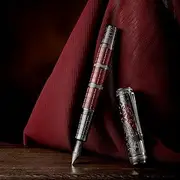Hongdian D5 Qin Dynasty Fountain Pen Red Silver, Extra Fine Nib Piston Filling Pen, Retro Chinese Totem Engraving Smooth Writing Pen with Pen Box Set