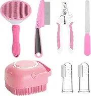 Pet Grooming Brush Kit,Dog Shedding Brush with Nail Clipper and File - Include Pet Flea Comb and 2 Finger Toothbrushes, Complete Hair Care Set