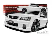 HOLDEN UTE VE II SS THUNDER HERON WHITE A2 FRAMED PRINT (HC583)