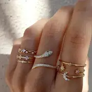 Set of 7: LOVE Lettering / Heart / Rhinestone Alloy Open Ring (Various Designs) Type 2 - Set - Snake - Gold - One Size