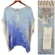 NEW Chico’s 100% Linen Size Small Medium Blue Beach Floral Poncho Tunic Top Lace