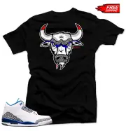 Shirt to match Air Jordan Retro 3 True Blue sneakers "The Bull" Black Tee