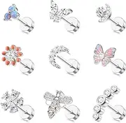 [Kakonia] 9PCS Cartilage Earrings Stud for Women Surgical Steel Flat Back Earrings Opal Butterfly Flower CZ Cartilage Earrings Tragus Helix Piercing Jewelry