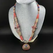 Round Shape Crafted Pendant Wth Multiple Beaded Strings Amazing Nepali Necklace