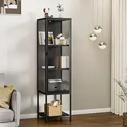 Glass Display Cabinet, Steel Frame, 42cm x 35cm x 160cm, 5mm Tempered Glass Door 4-Tier, Standing Display Case Cupboard Clear Door Storage Shelf Home Storage Cabinet for Bedroom, Living Room