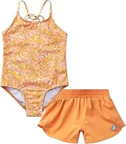 [Volcom] Girls' Swimsuit Set - UPF50+ Quick-Dry Girls One Piece Swimsuits with Matching Swim Shorts for Swimming (Sizes: 2T-16)