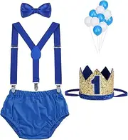 [Welrog] Baby Boys First Birthday Cake Smash Outfit Bow Tie Suspenders Bloomers Birthday Hat Sparkle Gold