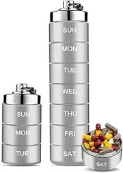 Metal Pill Organizer Weekly, Water & Moisture Proof, Stackable Pill Box for Travel, Aluminum Alloy Pill Case, Medicine Container for Vitamin, Fish Oil, Supplements (Grey)