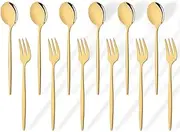 Hemasa 12Pcs Stainless Steel Gold Fork Spoon Set/Cake Fork Snack Salad Coffee Fruit Fork Spoon Cutlery Kitchen Dinnerware Set Gold