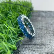 2.50Ct Emerald Cut Simulated Blue Topaz Eternity Band Ring 14K White Gold Plated