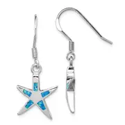 Sterling Silver Rhodium-Plated Polished Created Blue Opal Inlay Starfish Dangle Earrings