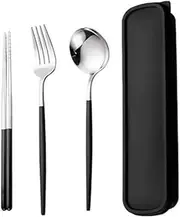 Jindizi 2 Set Portable Cutlery Set with Case Include Fork Spoon Chopsticks, Portable Travel Utensil Set, Reusable Stainless Steel Camping Utensils Set, Lunch Cutlery Set for Work School (Silver+Black)