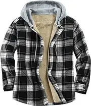 [Derbars] Men's Cotton Plaid Shirts Jacket Fleece Lined Flannel Shirts Sherpa Button Down Jackets with Hood for Men