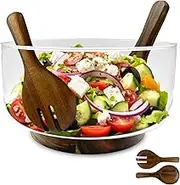 AZ-Homey Large Glass Salad Bowl Set with Acacia Wood Base and Serving Set Utensils - Elegant and Practical Kitchen Essential for Parties, Family Gatherings, and Everyday Use