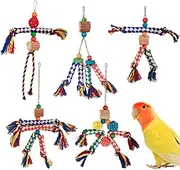 Bird Toys - Parakeet & Conure Cockatiel Lovebird Parrot Chewing Shredding Foraging Toys | Parrot Rope Perch with Bell | Colorful Cotton Rope Playset, Shredding Activity, Cage Accessories for Pa