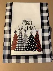 MERRY CHRISTMAS TABLE RUNNER GINGHAM BLACK, RED & WHITE CMAS TREES 6FT X 13"