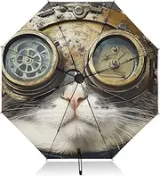 [PDZRMY] Cat Steampunk Vintage UV Protection Travel Umbrella Compact for Rain and Sun - Auto Open and Close UPF 50+ Windproof Portable 46” Sun Umbrella for Women and Men