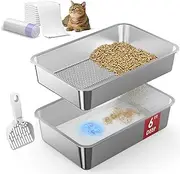 23.6”x15.7”x6” SuzziPaws Stainless Steel Litter Box with Odor Control System, XL Open Top Sifting Litter Box for Big Cats, Includes Pee Pads & Liners, Easy-Clean Metal Litter pan for Pine Pellets