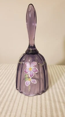 Fenton Art Glass Bell Amethyst Purple Violet White Hand Painted Flowers Signed