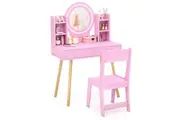 Costway Vanity Dressing Table & Chair Set w/2-Color Front Lit Mirror Makeup Desk & Chair Pink