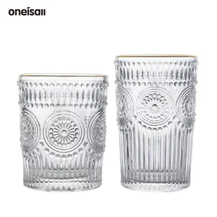 ONEISALL 咖啡玻璃杯 畫金邊玻璃杯 浮雕設計水杯 加厚玻璃水杯 280ml 370ml