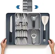 FOREVERIE Extendable Cutlery Drawer Organiser & Utensil Tray – Adjustable Width (28-53cm), 39cm Organizer Depth (Fits 40cm+ Drawers), 5.5cm Low Profile, Knife, Fork & Spoon Storage, Space Saving Grey