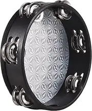 Daseeme 8-Inch Wooden Radiant Tambourine Handbell Hand Drum with Row Jingles Reflective Drum Head Musical Percussion Instrument