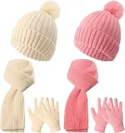 [JaGely] 2 Sets Kids Winter Hat Gloves Scarf Set Girls and Boys Knit Hat with Pom Warm Scarf Snow Gloves for 3-10 Years Toddler