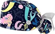 [WOSHJIUK] Working Hat 2 Pack Scrub Caps for Women,Ocean Cute Cartoon Mermaid,Tie Back Cap Adjustable Scrub Hat